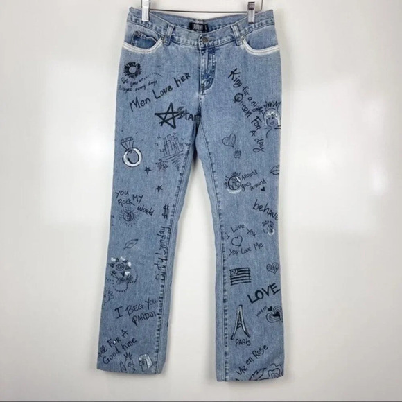 Laundry By Shelli Segal Denim - Vintage 90's Laundry Shelli Segal Graffiti Doodle Print Straight Leg Jeans Sz 6